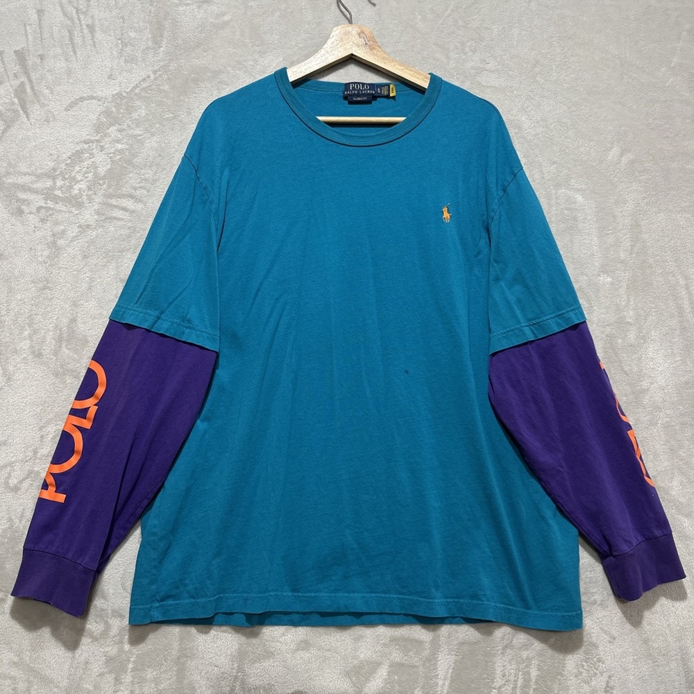 POLO RALPH LAUREN Men's Classic Fit Blue Purple Logo Long Sleeve Jersey T-Shirt